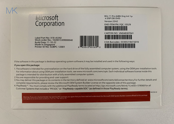 OEM professionnel OEI 64-bit DVD 22H2 anglais des оws 11 de Wind de responsable de la génération du système d'OEM de Microsoft