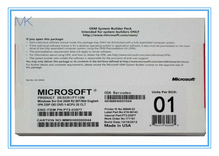 Gagnez l'activation d'OEM 25 CLT 1PK DSP OEI DVD 1-8CPU de l'entreprise R2 du serveur 2008