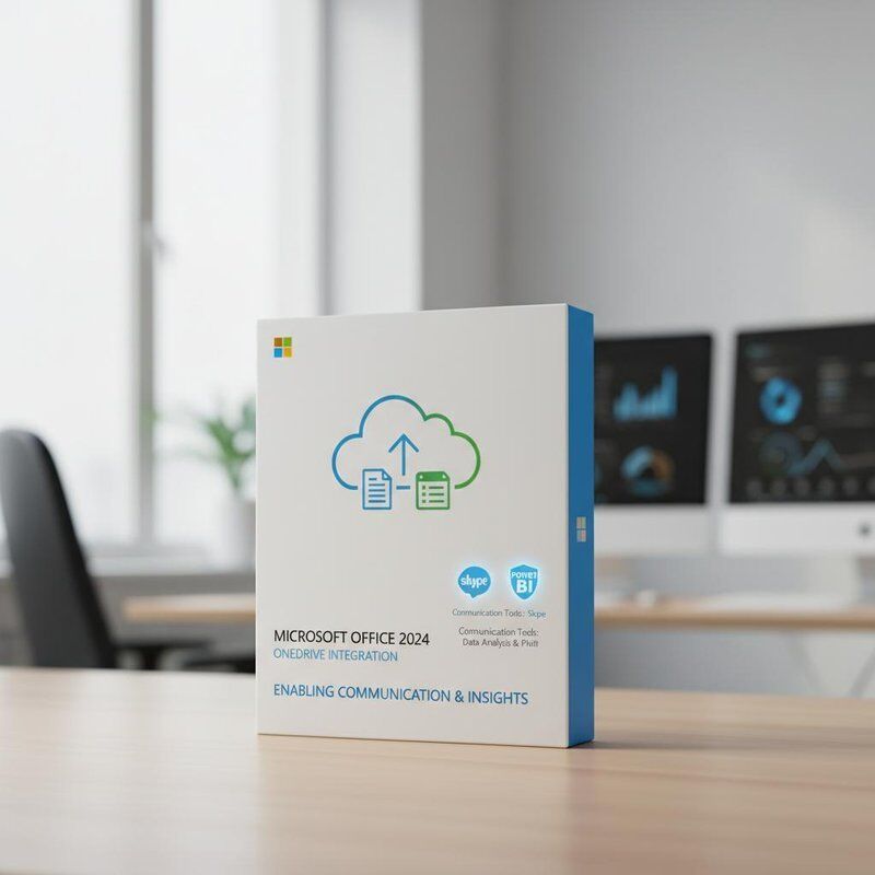 Intégration OneDrive Microsoft Office 2024 Offrant des outils de communication Skype et des outils d'analyse de données Power BI permettant la communication
